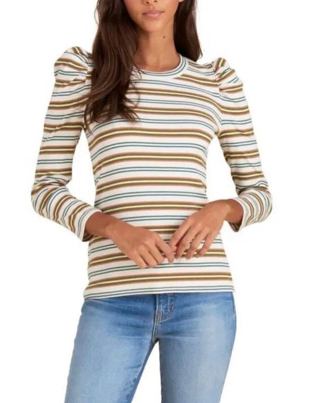 VERONICA BEARD Britney Stripe Puff Sleeve Stretch Cotton Top Green Pink Size L